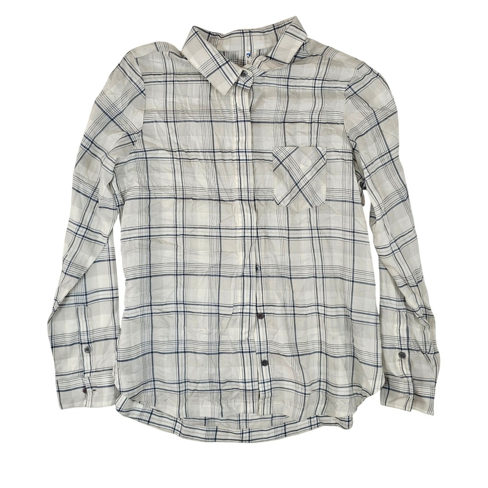 Kuhl Womens Plaid Button Up Shirt Long Sleeve Cream NavyTan Outdoor Hiking Small